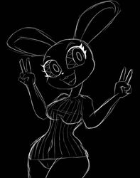  anthro black_brackground buckteeth cabezilla eyelashes female gesture hand_gesture lagomorph leporid looking_at_viewer mammal monochrome open_mouth rabbit solo teeth thick_thighs v_sign vib-ribbon vibri wide_hips 