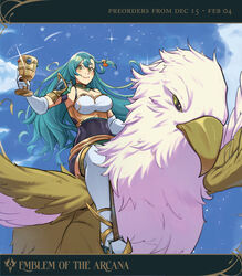  aqua_hair armor blue_sky blush boots bow breasts chalice chloe_(fire_emblem) cleavage cloud commentary covered_navel cup day deliciousbrain english_commentary female fire_emblem fire_emblem_engage gloves green_eyes griffin hairbow highres holding holding_cup large_breasts long_hair looking_at_viewer orange_bow pauldrons riding shoulder_armor sky smile solo thigh_boots very_long_hair white_footwear white_gloves 