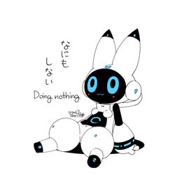  1:1 2021 :3 ambiguous_gender android animal-shaped_markings animal_humanoid arm_support big_eyes big_head blue_eyes blush blush_stickers cotora dipstick_ears ear_markings english_text ept_(cotora) featureless_crotch featureless_feet feet front_view full-length_portrait humanoid japanese_text lagomorph lagomorph_humanoid leporid_humanoid machine mammal mammal_humanoid markings multicolored_ears nude portrait rabbit_humanoid robot screen screen_face shadow simple_background sitting solo text thick_thighs white_background 