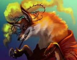  ambiguous_gender anthro arcanaloth_(dnd) bared_teeth canid canine clothing crown digital_media_(artwork) digital_painting_(artwork) female_(lore) fox fur grin headgear jessjackdaw mammal orange_body orange_fur pipe plant portrait red_clothing red_eyes red_fox red_robe robe shemeshka_the_marauder_(planescape) smile smoke smoking smoking_pipe smoking_smoking_pipe solo teeth thorns true_fox vines yugoloth 