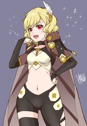  alternate_costume black_bridal_gauntlets black_choker blonde_hair bridal_gauntlets choker citrinne_(fire_emblem) feather_hair_ornament feathers female fire_emblem fire_emblem_engage gold_trim hair_ornament highres jewelry kairakuen_umenoka midriff navel red_eyes sage_outfit_(fire_emblem_engage) solo 