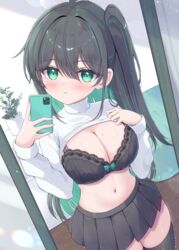  ahoge black_bra black_skirt black_thighhighs blush bra breasts cellphone cleavage clothes_lift colored_inner_hair commentary_request female green_eyes green_hair hair_between_eyes highres holding holding_phone indoors lace-trimmed_bra lace_trim large_breasts long_hair long_sleeves looking_at_mirror mikaze_oto miniskirt mirror multicolored_hair navel one_side_up original parted_lips phone plant pleated_skirt potted_plant selfie skirt smartphone solo stomach streaked_hair sweat sweater sweater_lift thighhighs two-tone_hair underwear white_sweater zettai_ryouiki 