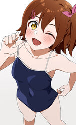  absurdres adjusting_clothes adjusting_swimsuit blue_one-piece_swimsuit blush breasts brown_hair collarbone commentary dr._gero_(staedtler_0508) female from_above hair_between_eyes hair_ornament hair_ribbon hairclip hand_up highres idolmaster idolmaster_million_live! kasuga_mirai legs looking_at_viewer medium_breasts medium_hair one-piece_swimsuit one_eye_closed open_mouth pink_ribbon pulling_own_clothes ribbon school_swimsuit side_ponytail sidelocks smile solo strap_pull swimsuit thighs white_background yellow_eyes 