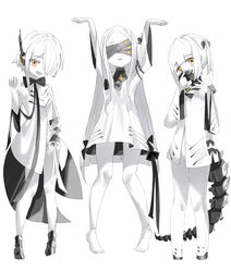  3girls absurdres barefoot black_mask black_tail blindfold blue_archive blush coat colored_skin covered_eyes dress ein_(blue_archive) firecracker_(user_kgxp3553) full_body hair_over_one_eye highres long_hair long_sleeves mask mechanical_tail medium_hair multiple_girls ohr_(blue_archive) respirator short_hair sof_(blue_archive) symbol-shaped_pupils tail white_coat white_dress white_hair white_skin wide_sleeves x-shaped_pupils yellow_eyes 