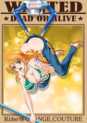  ass bikini blush breasts butt_crack crane_game denim feet female high_heels highres holding jeans large_breasts long_hair looking_at_viewer nami_(one_piece) no_panties one_piece orange_hair pants reaching reaching_towards_viewer rider_(orange_couture) stiletto_heels swimsuit tattoo wedgie 