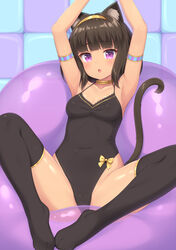  :o armlet armpits arms_up black_one-piece_swimsuit black_thighhighs breasts egyptian_cat_(sasaame) female highres looking_at_viewer medium_breasts no_shoes one-piece_swimsuit original purple_eyes sasaame solo spread_legs swimsuit thighhighs tile_wall tiles 