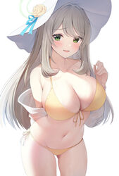  absurdres bikini blue_archive blush breasts cleavage commentary female front-tie_bikini_top front-tie_top halo halterneck hat highres huge_breasts light_brown_hair looking_at_viewer navel nonomi_(blue_archive) nonomi_(swimsuit)_(blue_archive) official_alternate_costume open_clothes rei_(ilust9999) side-tie_bikini_bottom simple_background smile solo stomach strap_pull string_bikini sun_hat swimsuit swimsuit_cover-up white_background yellow_bikini 