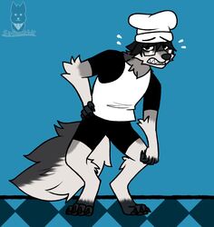  2_frame_animation animated anthro black_body black_eyes black_fur black_nose canid canine canis cheek_tuft chef chef_hat clothing digital_drawing_(artwork) digital_media_(artwork) eyewear facial_tuft fan_character fangs fluffy fluffy_arms fluffy_legs fluffy_tail fur glasses grey_body grey_fur hat headgear headwear hi_res male mammal narrowed_eyes neck_tuft pizza_tower shirt short_pants short_playtime short_sleeved_shirt short_sleeves simple_background sirdoomwolf solo t-shirt tail teeth tired tired_expression tired_eyes tired_look topwear tuft void_(sirdoomwolf) white_body white_fur wolf 