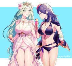  2girls bikini black_bikini blue_hair breasts byleth_(female)_(fire_emblem) byleth_(female)_(summer)_(fire_emblem) byleth_(fire_emblem) cleavage commentary_request fire_emblem fire_emblem:_three_houses fire_emblem_heroes flower food green_eyes green_hair hair_flower hair_ornament highres holding holding_ice_cream_cone ice_cream ice_cream_cone ichi_(dndk01) large_breasts long_hair multiple_girls navel official_alternate_costume open_mouth rhea_(fire_emblem) rhea_(summer)_(fire_emblem) sideboob swimsuit white_bikini 