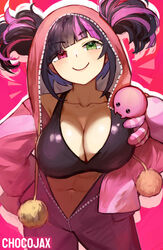  artist_name black_hair breasts bug chocojax cleavage closed_mouth collarbone cowboy_shot diagonal_bangs female green_eyes hair_through_hood hands_on_own_hips heterochromia highres hood hood_up juri_han large_breasts leaning_forward looking_at_viewer multicolored_hair navel official_alternate_costume onesie pink_background pink_eyes pink_hair sidelocks slit_pupils smile spider sports_bra streaked_hair street_fighter street_fighter_6 twintails unzipped 