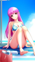  armpit_crease bare_arms bare_legs barefoot bikini blue_bikini blue_sky breasts cleavage closed_mouth collarbone day doukyuusei doukyuusei_another_world feet_out_of_frame female frilled_bikini frills game_cg hair_ribbon head_tilt long_hair looking_at_viewer medium_breasts outdoors pink_hair red_eyes ribbon sakuragi_mai sideboob sitting sky smile soles solo summer swimsuit very_long_hair yellow_ribbon 