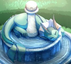  2023 4_toes ambiguous_gender blue_body closed_eyes eeveelution feet feral fountain generation_1_pokemon grass hi_res monotone_body nintendo otakuap outside pawpads plant pokeball pokemon pokemon_(species) smile solo sparkles toes vaporeon water 