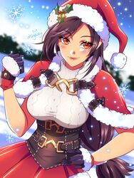  artist_name black_hair blue_sky blurry blurry_background blush breasts capelet christmas clenched_hand closed_mouth commentary dress english_commentary female final_fantasy final_fantasy_vii final_fantasy_vii_ever_crisis fur-trimmed_capelet fur-trimmed_gloves fur-trimmed_headwear fur-trimmed_skirt fur_trim gloves hair_ornament hand_on_own_hip hand_up hat highres holly_hat_ornament large_breasts long_hair looking_at_viewer low-tied_long_hair mingway official_alternate_costume outdoors pom_pom_(clothes) pom_pom_hair_ornament red_capelet red_eyes red_hat red_skirt santa_costume santa_dress santa_hat skirt sky sleeveless sleeveless_turtleneck smile snow snowflakes snowing solo sweater swept_bangs tifa_lockhart tifa_lockhart_(fairy_of_the_holy_flame) turtleneck turtleneck_sweater upper_body very_long_hair white_sweater 