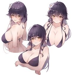  absurdres arms_under_breasts azuma_(azur_lane) azur_lane bikini black_bikini black_hair blonde_hair blush breasts cleavage closed_mouth commentary_request cropped_torso female floppy_ears flower from_behind hair_between_eyes hair_flower hair_ornament halterneck highres huge_breasts large_breasts long_hair looking_at_viewer looking_back multiple_views open_mouth parted_lips partial_commentary sea_nami simple_background smile swimsuit upper_body white_background 