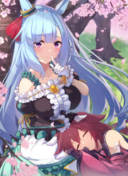  2girls absurdres animal_ears asymmetrical_gloves asymmetrical_sleeves bare_shoulders black_dress black_gloves blue_hair blush braid breasts brown_hair center_frills cherry_blossoms closed_mouth coffee1223 commentary_request crown_braid detached_sleeves dress ear_covers ears_down falling_petals finger_to_mouth fingerless_gloves flipped_hair frilled_dress frills gloves grass hair_between_eyes hair_flaps hanami headpat highres horse_ears horse_girl horse_tail indoors lap_pillow large_breasts light_blue_hair long_sleeves looking_at_viewer mejiro_ardan_(umamusume) mismatched_gloves multiple_girls on_ground outdoors petals puffy_short_sleeves puffy_sleeves purple_eyes sakura_chiyono_o_(umamusume) short_sleeves sleeping smile tail umamusume white_gloves wide_sleeves 