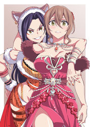  2girls bare_shoulders black_hair blush bracelet breasts brown_eyes brown_hair cleavage collarbone dress green_eyes highres idolmaster idolmaster_cinderella_girls jewelry kimura_natsuki large_breasts looking_at_viewer mukai_takumi multiple_girls natsumi_chorisuke off-shoulder_dress off_shoulder parted_lips red_dress short_hair smile teeth 