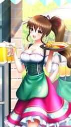  :d apron beer_mug breasts brown_eyes brown_hair cleavage collarbone cup day detached_sleeves dirndl doukyuusei doukyuusei_another_world female food game_cg german_clothes green_apron hair_between_eyes hair_ribbon holding holding_plate large_breasts long_hair long_skirt mug open_mouth outdoors plate ponytail red_ribbon red_skirt ribbon shirt short_sleeves skirt smile solo_focus tanaka_misa underbust very_long_hair waist_apron white_shirt white_sleeves 