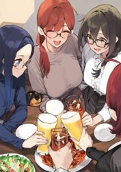  1boy 4girls 92m :d ^_^ alcohol animal beer black-framed_eyewear black_hair blue_eyes blue_hair blush braid braided_ponytail breasts canine closed_eyes commentary_request dateko_(92m) food glasses grey_shirt highres kakita_(92m) kinshi_no_ane_(92m) large_breasts long_hair mature_female multiple_girls open_mouth original otouto_(92m) pov red-framed_eyewear red_hair salad sanako_(92m) shirt smile white_shirt yellow_eyes 