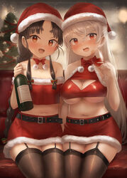  2girls belt black_belt black_hair black_thighhighs bottle breasts brown_eyes cleavage conte_di_cavour_(kancolle) cup drinking_glass garter_straps grey_hair hat highres holding holding_bottle holding_cup kantai_collection large_breasts long_hair multiple_girls navel nisshin_(kancolle) open_mouth pom_pom_(clothes) red_headwear santa_hat thighhighs toka_(marchlizard) very_long_hair wine_glass 