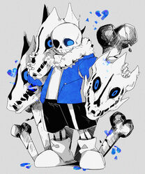  1boy 21_ke ankle_socks black_shorts blue_eyes blue_jacket bone broken_heart commentary_request constricted_pupils crazy_grin crazy_smile evil_grin evil_smile eye_socket full_body fur-trimmed_jacket fur_trim gasterblaster grey_background grin hatching_(texture) heart highres jacket linear_hatching long_sleeves looking_at_viewer magic male_focus open_clothes open_jacket partial_commentary petting sans_(undertale) shorts skeleton slippers smile socks solo spot_color standing staring undertale 