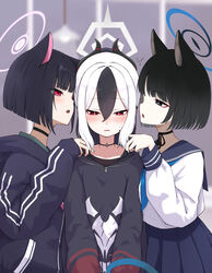  3girls absurdres animal_ears bakeneko black_choker black_eyes black_hair black_hoodie blue_archive blue_halo blue_hoodie blue_skirt blunt_bangs blush bob_cut bright_pupils cat_ears cat_girl cat_tail choker collarbone commentary_request demon_horns embarrassed eyeshadow hair_between_eyes halo highres hood hoodie horns kayoko_(blue_archive) kazusa_(blue_archive) kikyou_(blue_archive) long_sleeves looking_at_another makeup medium_hair mole mole_on_collarbone multicolored_hair multiple_girls narrowed_eyes open_mouth pleated_skirt profile red_eyes red_eyeshadow ribbon_choker school_uniform serafuku shiroiurushi short_hair simple_background skirt streaked_hair tail tail_wrap upper_body white_hair white_pupils yuri 