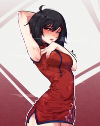  adjusting_clothes ahoge alternate_costume arm_across_chest armpits arms_behind_head artist_name black_hair blush breasts breath brown_eyes china_dress chinese_clothes covered_navel cowboy_shot dress female from_side gradient_background hair_between_eyes hair_ornament heavy_breathing highres looking_at_viewer looking_to_the_side loose_hair_strand mandarin_collar marvel medium_breasts narrow_waist narrowed_eyes nose_blush parted_lips peni_parker pink_lips raised_eyebrows red_background red_dress short_dress short_hair side_slit signature skin_tight sleeveless sleeveless_dress smelly_armpits solo spider-man:_across_the_spider-verse spider-man_(series) spider-verse spider_web_print standing steaming_body sweat teeth upper_teeth_only white_background x_hair_ornament yutakke 