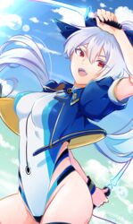  :d blue_bow blue_one-piece_swimsuit blue_sky bow breasts cloud day dual_wielding energy_sword fate/grand_order fate_(series) female grey_hair hair_between_eyes highleg highleg_swimsuit highres holding jacket looking_at_viewer ma0x0o medium_breasts mitsudomoe_(shape) multicolored_clothes multicolored_swimsuit one-piece_swimsuit outdoors ponytail red_eyes short-sleeved_jacket short_sleeves sky smile solo striped_wristband swimsuit sword thigh_strap tomoe_(symbol) tomoe_gozen_(fate) tomoe_gozen_(swimsuit_saber)_(fate) tomoe_gozen_(swimsuit_saber)_(first_ascension)_(fate) turtleneck turtleneck_one-piece_swimsuit twitter_username two-tone_swimsuit weapon white_one-piece_swimsuit 