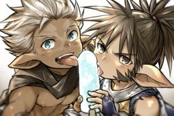  2boys bare_shoulders brown_hair commentary_request food food_in_mouth granblue_fantasy harvin holding holding_food holding_popsicle iha_tobu looking_at_viewer male_focus multiple_boys muscular muscular_male nipples open_mouth pointy_ears ponytail popsicle popsicle_in_mouth sevilbarra sideburns skull_(granblue_fantasy) tongue tongue_out topless_male white_background white_hair 