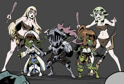  2023 alternate_species alternate_universe archer armor blonde_hair boots bottomwear bow_(weapon) breastplate breasts brown_hair cavewoman cleavage clothed clothing club_(weapon) elf female footwear gloves goblin goblin_slayer goblin_slayer_(character) greaves green_hair group hair handwear hat headgear headwear helmet high_elf_archer_(goblin_slayer) holding_object holding_weapon human humanoid imminent_fight knee_boots knee_highs kukuruyoart larger_female legwear loincloth male mammal melee_weapon not_furry open_mouth priest priestess_(goblin_slayer) ranged_weapon role_reversal sabatons shield size_difference smaller_female smaller_male square_crossover staff sword warrior weapon 