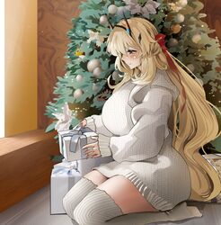  absurdres barghest_(fate) blonde_hair blue_nails blush box breasts christmas christmas_tree curvy dress fate/grand_order fate_(series) female gift gift_box green_eyes hair_ribbon highres holding holding_gift horns huge_breasts jewelry long_hair long_sleeves looking_at_object looking_down nail_polish obazzotto red_ribbon ribbon ring seiza sitting smile solo sweater sweater_dress thick_thighs thighhighs thighs very_long_hair wedding_ring white_sweater white_thighhighs window zettai_ryouiki 