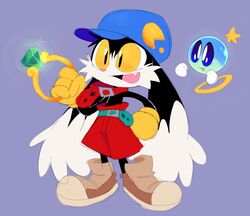  2021 4_fingers anthro bandai_namco black_body black_fur clothing domestic_cat duo fangs felid feline felis fingers footwear fur gloves hand_on_hip handwear happy huepow klonoa klonoa_(series) lumspark male mammal open_mouth pac-man pac-man_(series) simple_background sphere_creature spirit teeth yellow_clothing yellow_eyes yellow_gloves yellow_handwear 