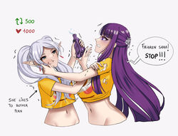  2girls :t blunt_bangs bottle clenched_teeth collarbone commentary crop_top cropped_torso earrings elf emoji empty_eyes english_text fern_(sousou_no_frieren) flushed_face_emoji flushed_face_emoji_shirt_(meme) frieren from_side grey_background grey_hair groin heart holding holding_bottle jewelry like_and_retweet long_hair meme midriff multiple_girls navel pointy_ears profile purple_eyes purple_hair ryuuneart shaded_face shirt short_sleeves sousou_no_frieren speech_bubble stomach symbol-only_commentary teeth torn_clothes torn_shirt twintails twitter_strip_game_(meme) upper_body very_long_hair yellow_shirt 