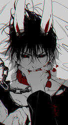  1boy 1other animal_collar animal_ears bed_sheet bite_mark bite_mark_on_chest biting biting_another&#039;s_hand black_sclera blood blood_on_hands chain_leash chains collar colored_sclera dated disembodied_hand fushiguro_touji grey_background hand_in_another&#039;s_mouth highres jujutsu_kaisen leash long_sleeves looking_at_viewer lying male_focus on_back on_bed rabbit_ears red_collar red_eyes sashiyu shirt short_hair signature solo_focus spot_color torn_clothes torn_shirt upper_body 