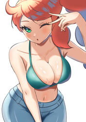  ;o amrbatafri aqua_bikini aqua_eyes bikini bikini_top_only blue_pants breasts collarbone commentary_request denim female green_bikini green_eyes highres jeans large_breasts long_hair looking_at_viewer navel no_coat no_eyewear one_eye_closed orange_hair pants pokemon pokemon_swsh side_ponytail simple_background solo sonia_(pokemon) stomach swept_bangs swimsuit white_background 