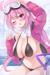  ;o bikini black_bikini blue_archive blush breasts eimi_(blue_archive) eimi_(swimsuit)_(blue_archive) female goggles goggles_on_head halo highres itaba_atsushi jacket large_breasts long_hair looking_at_viewer official_alternate_costume one_eye_closed open_clothes open_jacket pink_hair pink_halo pink_jacket ski_goggles solo swimsuit v 