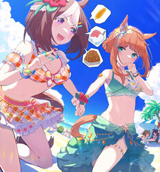  6+girls :d absurdres agnes_tachyon_(lunatic_lab)_(umamusume) agnes_tachyon_(umamusume) ahoge animal_ears bare_shoulders beach beach_chair beach_umbrella bead_bracelet bead_necklace beads bikini bikini_skirt black_hair blindfold blue_sky blunt_bangs blush bracelet braid breasts brown_hair buried cleavage closed_mouth cloud cloudy_sky coffee1223 commentary corn cowboy_shot crown_braid curvy ear_flower eyewear_on_head flower food french_braid frilled_bikini frills fruit gold_ship_(run_revolt_launcher)_(umamusume) gold_ship_(umamusume) hair_between_eyes hair_bun hair_flower hair_ornament hairclip hibiscus highres holding_hands horse_ears horse_girl horse_tail jewelry jungle_pocket_(tobasuze_hot_summer!)_(umamusume) jungle_pocket_(umamusume) large_breasts lens_flare long_hair looking_at_another manhattan_cafe_(tobasuze_hot_summer!)_(umamusume) manhattan_cafe_(umamusume) medium_hair mejiro_mcqueen_(ripple_fairlady)_(umamusume) mejiro_mcqueen_(umamusume) multicolored_hair multiple_girls navel necklace ocean official_alternate_costume official_alternate_hairstyle open_mouth orange_bikini orange_hair outdoors palm_tree perspective plaid plaid_bikini ponytail purple_eyes purple_hair red_flower ring sand shaved_ice shy silence_suzuka_(emerald_on_the_waves)_(umamusume) silence_suzuka_(umamusume) single_hair_bun sky small_breasts smile special_week_(hopping_vitamin_heart)_(umamusume) special_week_(umamusume) speech_bubble spoken_food standing streaked_hair suikawari sunglasses swimsuit tail teeth thigh_strap tree umamusume umbrella upper_teeth_only water watermelon white_bikini white_flower white_hair 