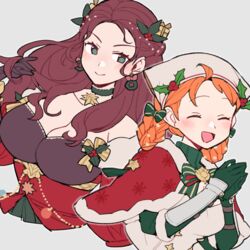  2girls annette_fantine_dominic annette_fantine_dominic_(winter) black_gloves blush braid breasts brown_hair capelet christmas cleavage closed_eyes commentary cropped_torso do_m_kaeru dorothea_arnault dorothea_arnault_(winter) fire_emblem fire_emblem:_three_houses fire_emblem_heroes fire_emblem_warriors:_three_hopes fur-trimmed_capelet fur_trim gloves green_eyes green_gloves hair_ornament hair_rings large_breasts long_hair looking_at_viewer medium_breasts multiple_girls official_alternate_costume official_alternate_hairstyle orange_hair own_hands_together red_capelet santa_costume short_hair simple_background symbol-only_commentary wavy_hair white_background 