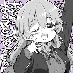  arm_up blush breasts chibi commentary dated female greyscale_with_colored_background hair_ornament hairpin happy_birthday konoe_kanata large_breasts long_hair looking_at_viewer love_live! love_live!_nijigasaki_high_school_idol_club mezashi_(mezamashi_set) nijigasaki_school_uniform one_eye_closed purple_background school_uniform smile upper_body wavy_hair 