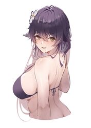  absurdres azuma_(azur_lane) azur_lane bikini black_bikini black_hair blush breasts cleavage cropped_torso female floppy_ears flower from_behind hair_between_eyes hair_flower hair_ornament highres large_breasts long_hair looking_at_viewer looking_back open_mouth sea_nami simple_background smile solo swimsuit upper_body white_background 