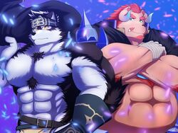  4:3 abs absurd_res anthro canid canine canis chernobog_(tas) coat_cape crossed_arms demon duo fur grey_body grey_fur hi_res horkeu_kamui_(tas) lifewonders male mammal muscular muscular_anthro muscular_male pecs pink_body pink_fur tokyo_afterschool_summoners wolf xizioix_210 