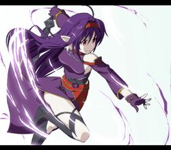  armor boots breastplate detached_sleeves energy female fingerless_gloves gloves hairband holding holding_sword holding_weapon leg_up letterboxed long_hair obsidian_slasher outstretched_arm pointy_ears purple_armor purple_hair red_eyes red_hairband skirt smile solo sword sword_art_online thigh_boots thighhighs weapon white_background wrwr yuuki_(sao) 