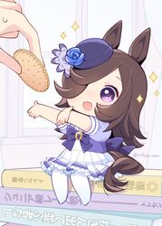  1other animal_ears blue_headwear brown_hair chibi commentary_request cookie disembodied_hand fascinator female food hair_over_one_eye horse_ears horse_girl horse_tail long_hair mini_person minigirl mopiwo neckerchief pantyhose pleated_skirt puffy_short_sleeves puffy_sleeves purple_eyes purple_neckerchief purple_shirt rice_shower_(umamusume) sailor_collar school_uniform shirt short_sleeves skirt solo_focus sparkle tail thighhighs tracen_school_uniform trainer_(umamusume) translation_request umamusume white_skirt white_thighhighs 