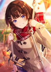  absurdres bad_id bad_pixiv_id blue_eyes blue_skirt blunt_bangs blurry blurry_background breasts brown_coat brown_hair coat commentary depth_of_field duffel_coat enpera falling_leaves female frilled_skirt frills goroo_(eneosu) grin hair_ornament hairclip hands_up highres leaf long_hair long_sleeves looking_at_viewer medium_breasts nijisanji outdoors pleated_skirt red_scarf scarf skirt smile solo sunset tsukino_mito tsukino_mito_(6th_costume) very_long_hair virtual_youtuber 