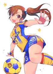  ball blush breasts brown_eyes brown_hair female futami_mami hair_bobbles hair_ornament highres idolmaster idolmaster_(classic) inoue_sora j._league kneehighs long_hair looking_at_viewer medium_breasts open_mouth revision shirt shorts side_ponytail simple_background smile soccer soccer_ball soccer_uniform socks solo sportswear star_(symbol) striped sweat vegalta_sendai white_background 