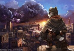  2018 anthro black_body black_fur bottomwear city clothed clothing cricket_talot day detailed_background digital_media_(artwork) domestic_cat electricity felid feline felis footwear fur grey_body grey_fur leopard lightning male mammal outside pantherine pants shirt sky solo storm_clouds sunset thanshuhai topwear 