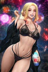  black_bra black_kimono black_panties blonde_hair bra breasts collarbone commentary_request dutch_angle english_commentary female firework_background fireworks forehead gradient_hair hair_bun highleg highleg_panties holding japanese_clothes kimono kitagawa_marin lingerie long_hair looking_at_viewer medium_breasts mixed-language_commentary multicolored_hair navel neoartcore off_shoulder panties parted_bangs red_eyes red_hair sidelocks single_hair_bun solo sono_bisque_doll_wa_koi_wo_suru thai_commentary tongue tongue_out underwear 