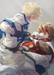  2boys belt belt_buckle blonde_hair brown_eyes brown_hair buckle forehead_protector gloves guilty_gear guilty_gear_xx guilty_gear_xx_accent_core highres ky_kiske long_sleeves male_focus multiple_boys online_neet order-sol short_hair sol_badguy spiked_hair 