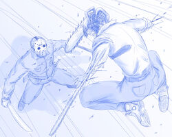  2boys blue_theme chainsaw chainsaw_man denji_(chainsaw_man) friday_the_13th highres hockey_mask jacket jason_voorhees jumping machete mask monochrome multiple_boys sharp_teeth shirt teeth viperxtr 