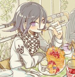  2boys bad_id bad_pixiv_id blush butter_knife checkered_clothes checkered_scarf commentary_request danganronpa_(series) danganronpa_v3:_killing_harmony eating food fork fruit holding jam jar male_focus multiple_boys oma_kokichi out_of_frame pancake plate purple_eyes purple_hair saihara_shuichi scarf sitting solo_focus straitjacket syrup table ticktack_chicken whipped_cream 