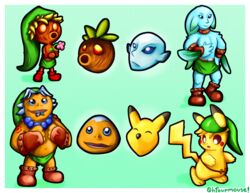  2019 animal_mask crossover deku_(tloz) deku_link deku_scrub elemental_creature elemental_humanoid flora_fauna flower fox_mask generation_1_pokemon goron goron_link hi_res humanoid keaton_mask majora&#039;s_mask marine mask nintendo ohfourmouse pikachu plant plant_humanoid pokemon pokemon_(species) simple_background surprise the_legend_of_zelda zora zora_link 